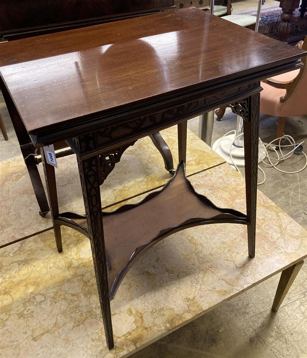 A late Victorian mahogany blind fret folding tea table, width 50cm, depth 38cm, height 65cm